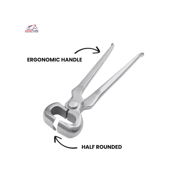Equine Care 12-inch half-round hoof nipper highlighting ergonomic handle design and half-rounded cutting jaws for controlled, professional hoof trimming