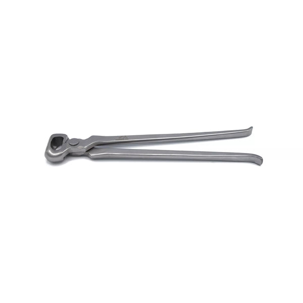 Full-length view of Equine Care 12-inch half-round hoof nipper made from chrome vanadium steel, professional farrier hoof trimming tool