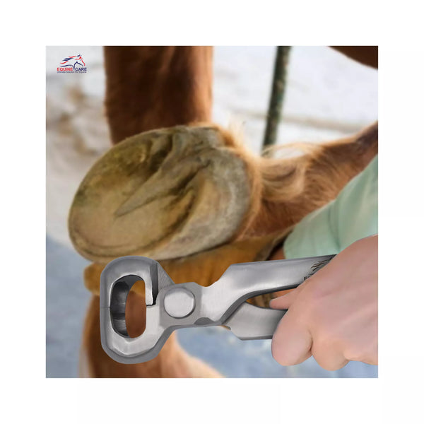 Equine Care 12-inch half-round hoof nipper being used to trim a horse’s hoof, demonstrating control, precision, and professional farrier performance