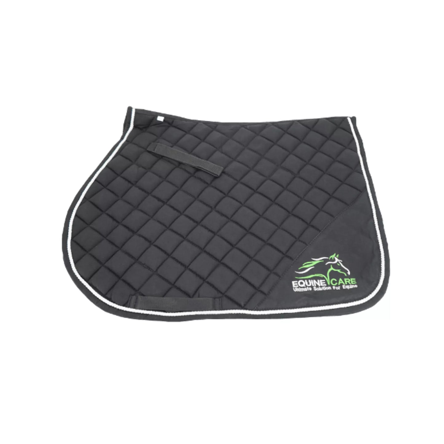 Black Equine Care all purpose English saddle pad with quilted cushioning and white trim, front flat view