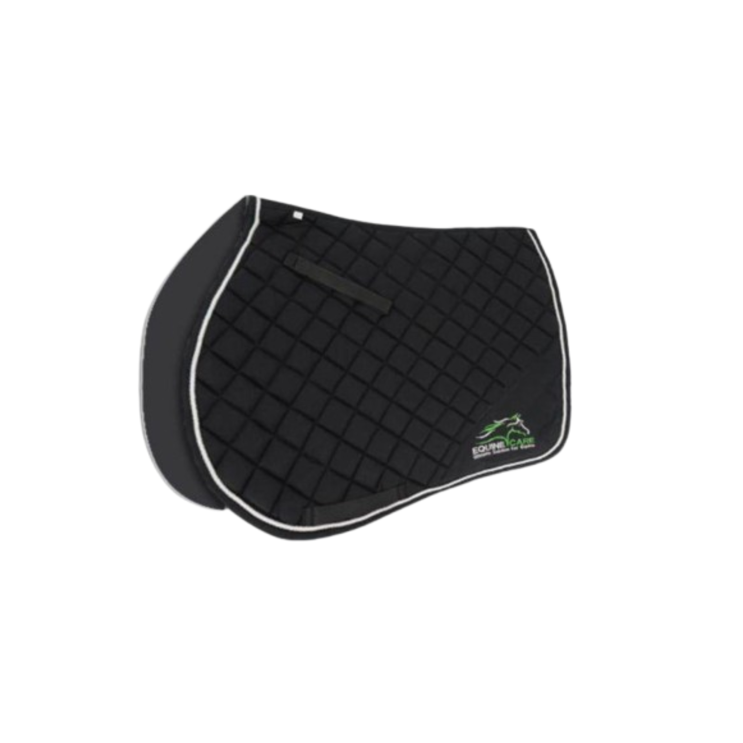 Angled side view of black Equine Care English all purpose saddle pad showing quilted pattern and contoured shape