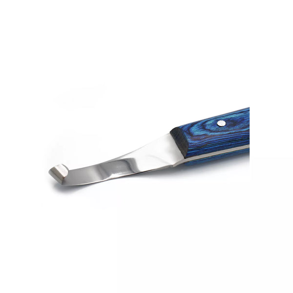 Close-up of Equine Care brass topper farrier hoof knife showing curved, razor-sharp J2 steel blade for precise and controlled professional hoof trimming
