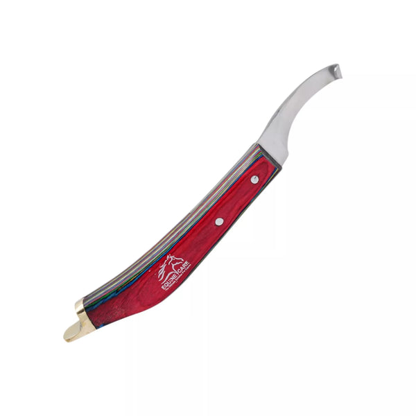 Equine Care brass topper farrier hoof knife with curved J2 steel blade, red laminated ergonomic handle, and brass end cap for precise professional hoof trimming
