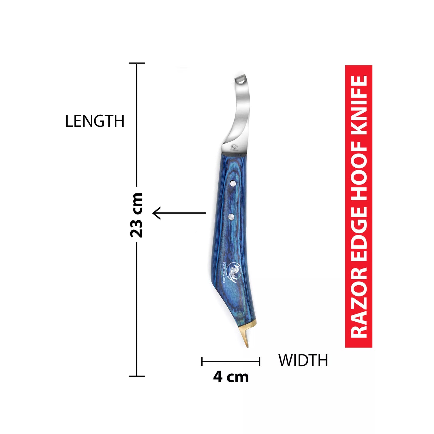 Equine Care brass topper farrier hoof knife showing dimensions of 23 cm length and 4 cm width, featuring a curved J2 steel blade and brass end cap for professional hoof trimming