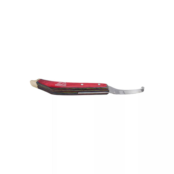 Full-length view of Equine Care brass topper farrier hoof knife with curved J2 steel blade, red laminated ergonomic handle, and brass end cap for professional hoof trimming