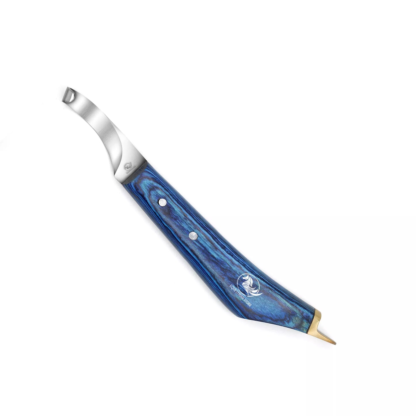 Equine Care brass topper farrier hoof knife featuring a curved J2 steel blade, ergonomic blue laminated handle, and brass end cap for precise professional hoof trimming