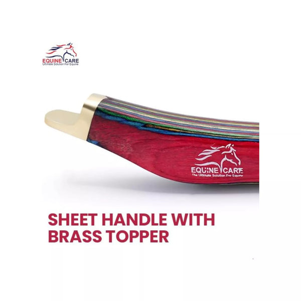 Close-up of Equine Care brass topper farrier hoof knife showing sheet handle design with brass topper for enhanced durability and comfortable grip