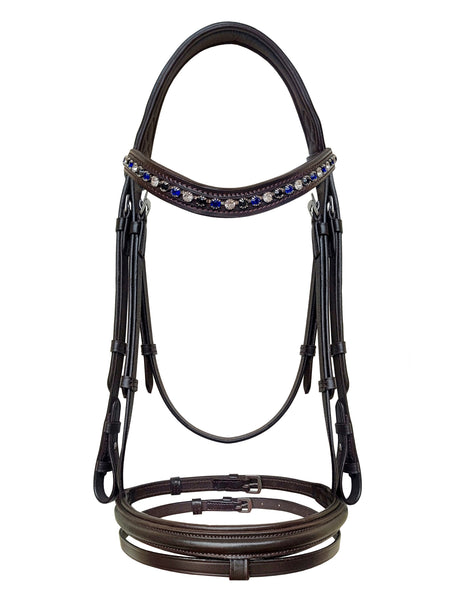 Premium English leather bridle with dark blue crystal browband and matching reins