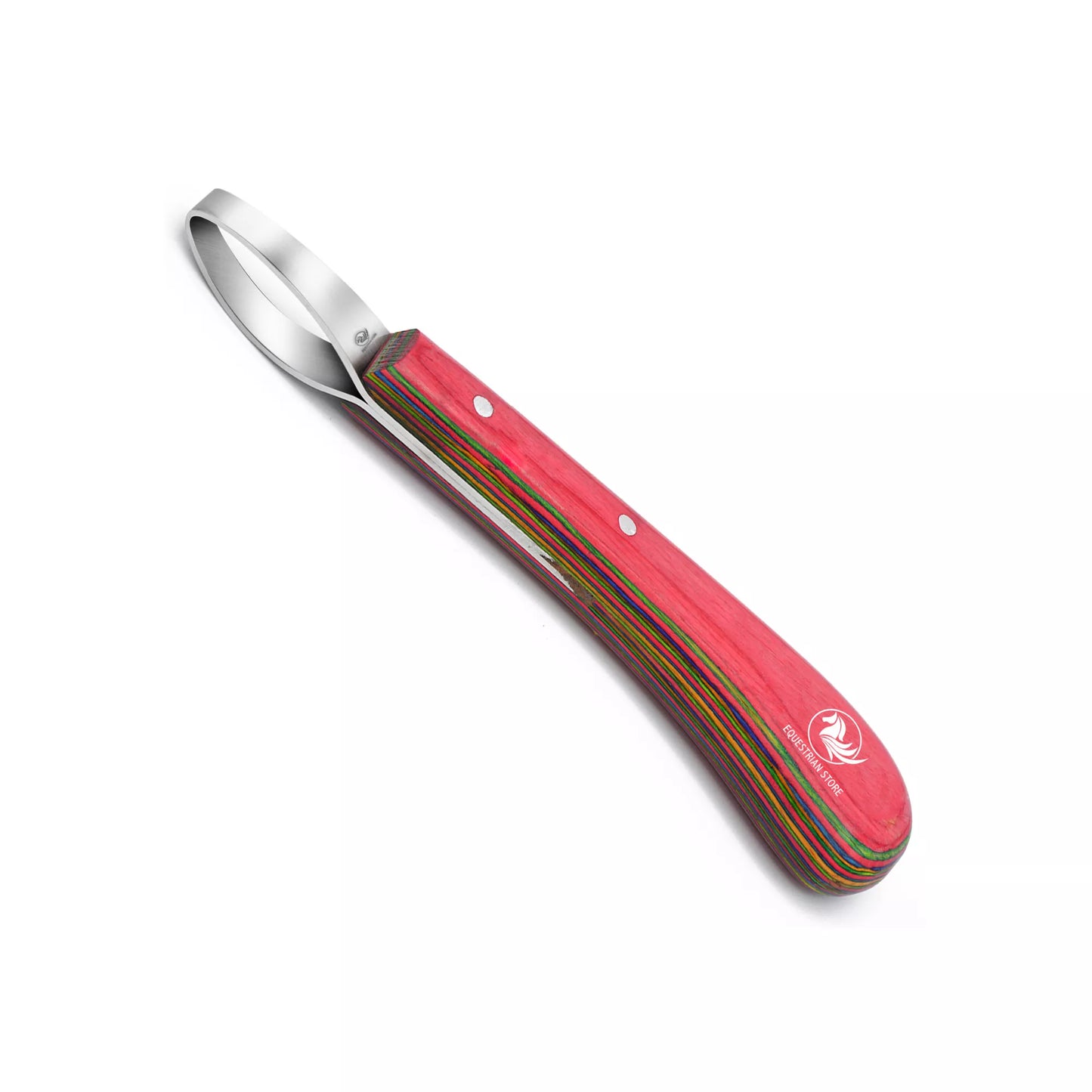 Equine Care Double edged steel loop hoof knife made from J2 stainless steel with ergonomic red handle for professional farrier hoof trimming