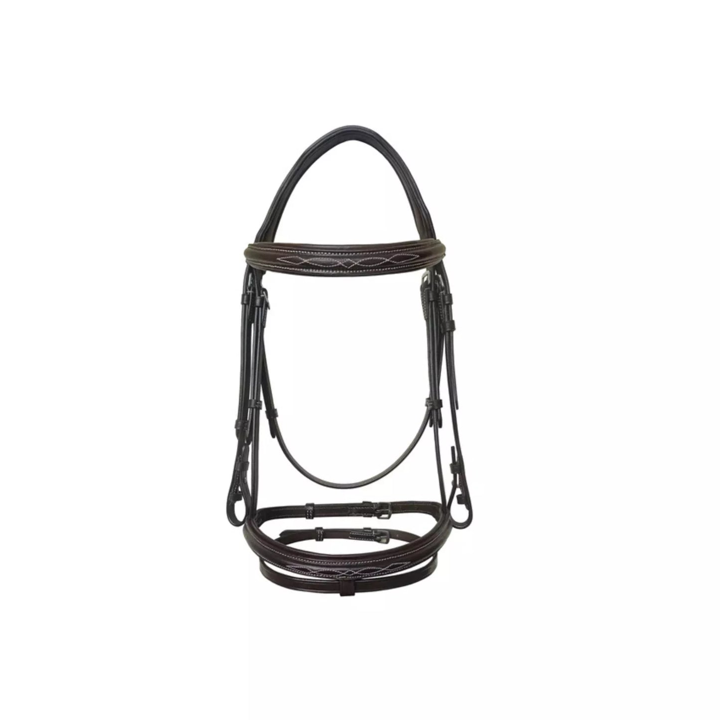 Full view of Equine Care English leather horse bridle with padded crown, browband, noseband, and matching leather reins
