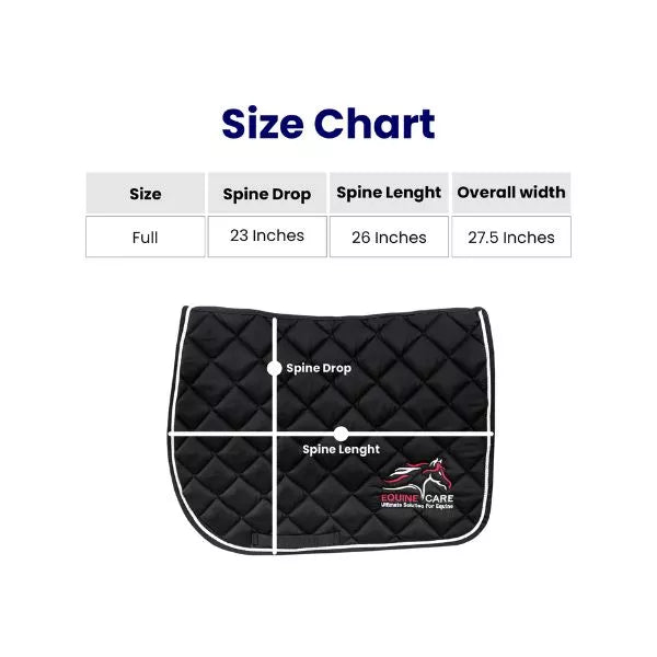 Size chart showing spine drop, spine length, and overall width for Equine Care full size English saddle pad