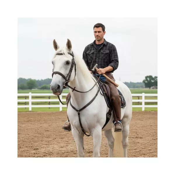 Rider mounted on white horse using Equine Care English leather bridle with stainless steel hardware and matching reins
