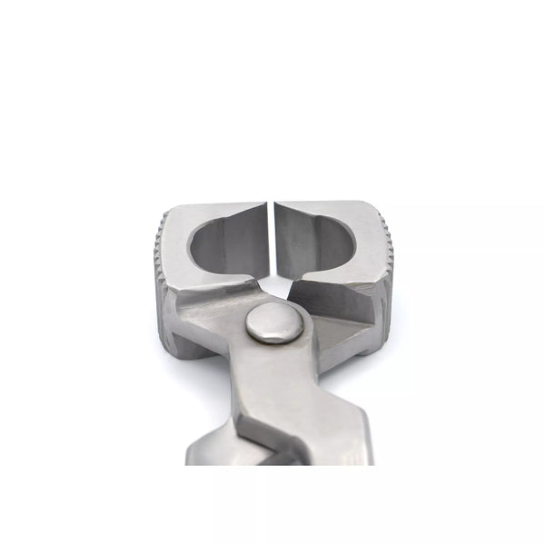Open jaw view of Equine Care farrier pliers designed for controlled horseshoe removal