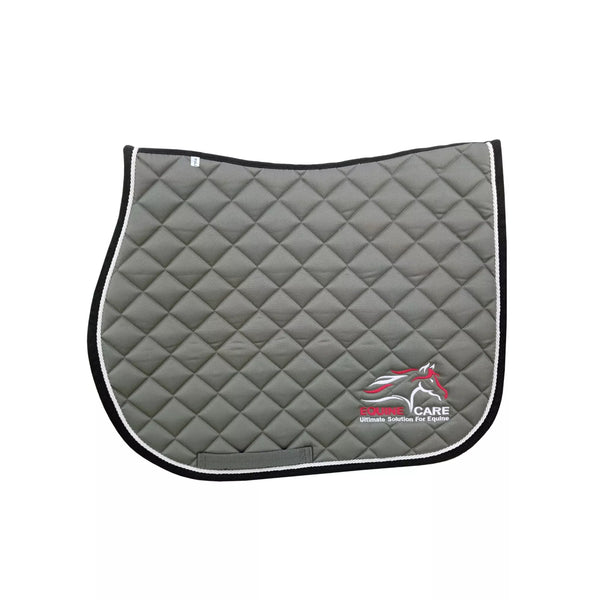 Light grey Equine Care English saddle pad with quilted polyester top, non-slip underside, moisture-wicking mesh, and full size coverage for broad-backed horses