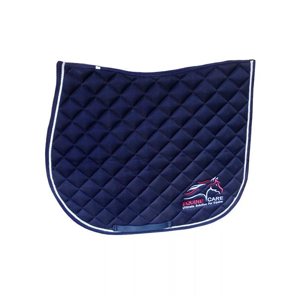Navy blue full size English saddle pad by Equine Care featuring shock-absorbing foam, breathable honeycomb mesh, and secure fit for warmblood horses