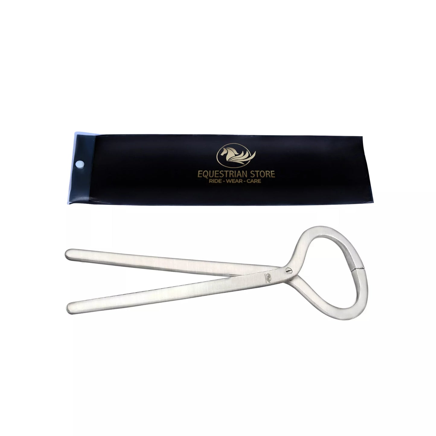 Equine Care 13 inch hoof tester displayed with protective storage pouch for safe transport and storage