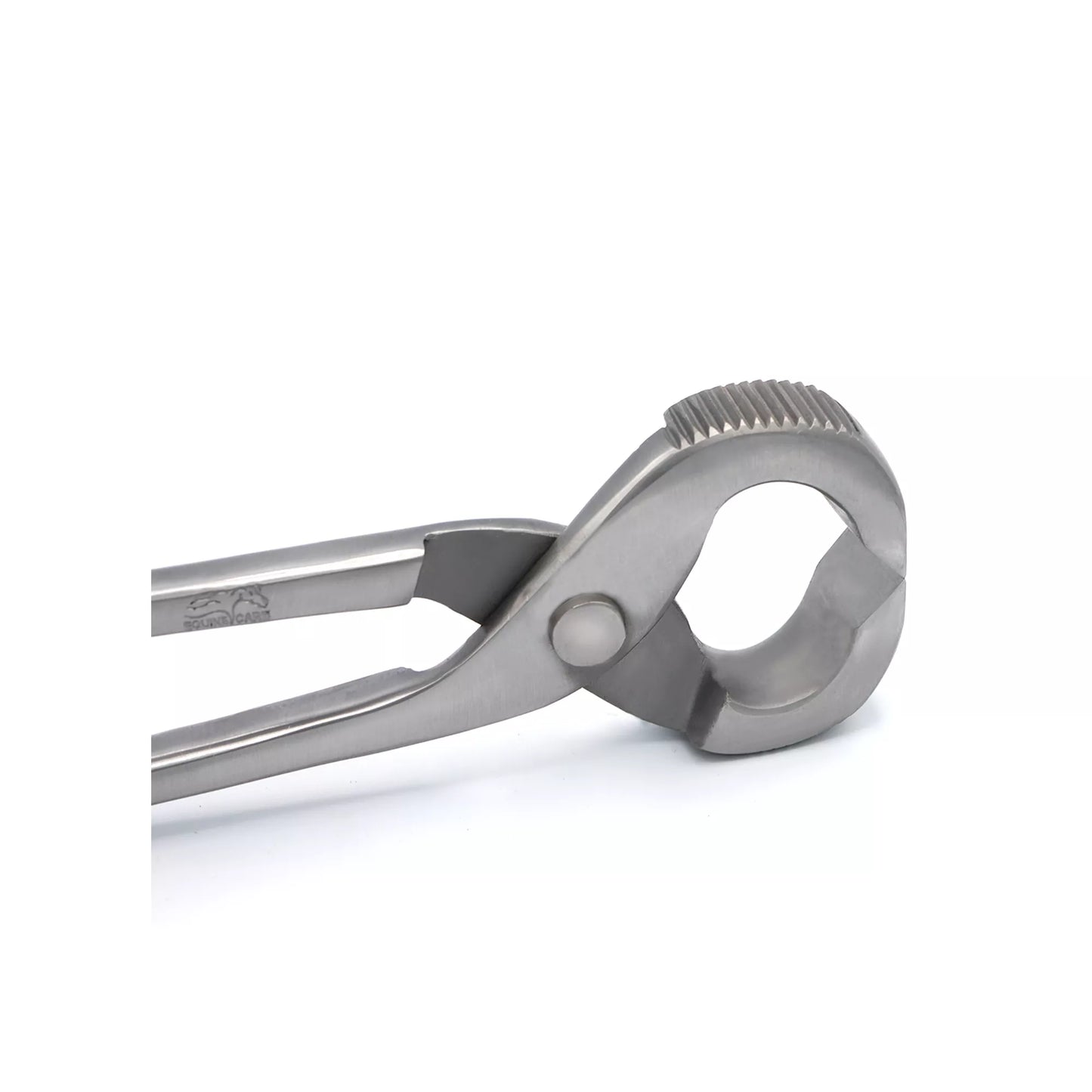Open jaw view of Equine Care horseshoe puller with serrated jaws for secure shoe removal