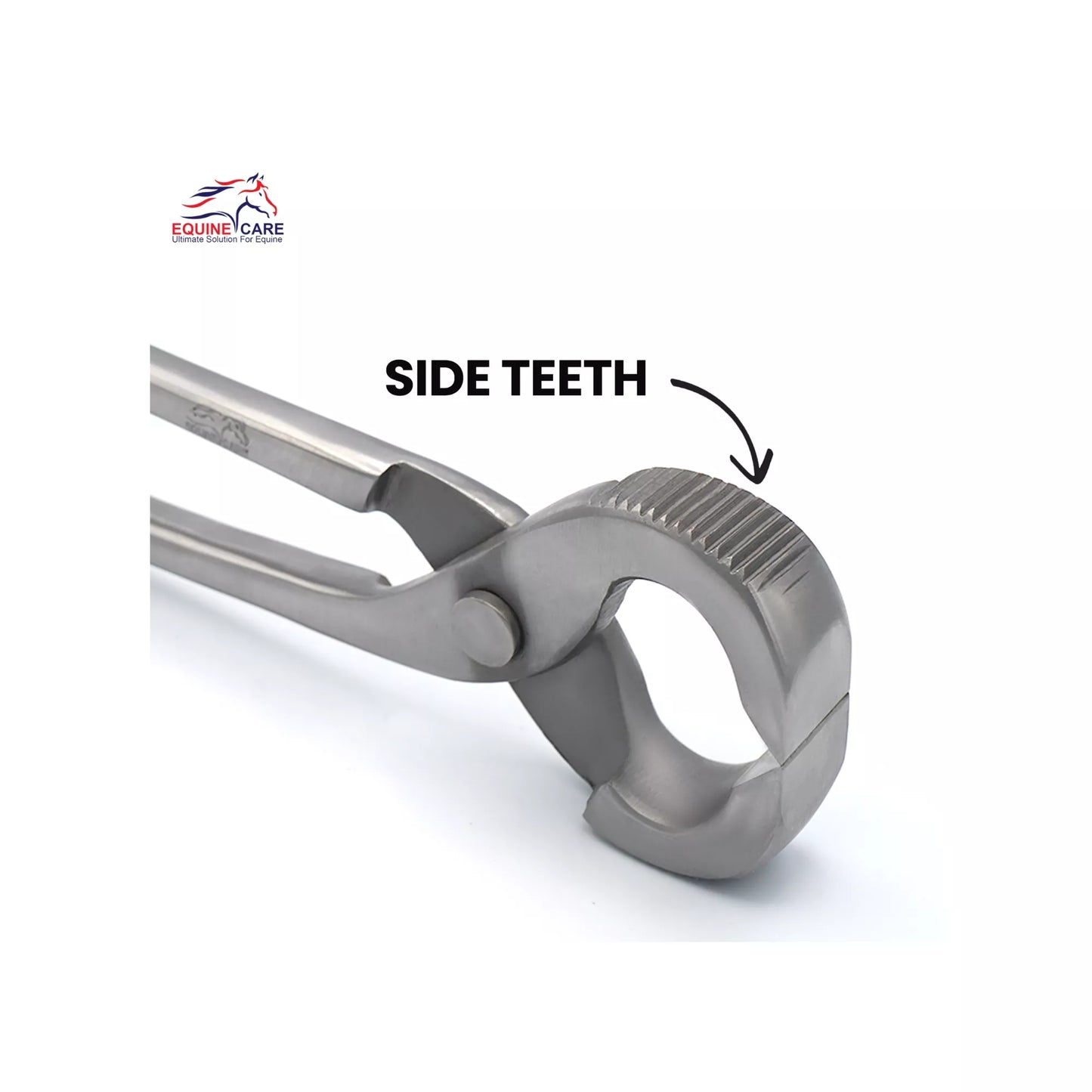 Professional farrier using Equine Care 14 inch horseshoe puller for safe and efficient hoof care side teeth