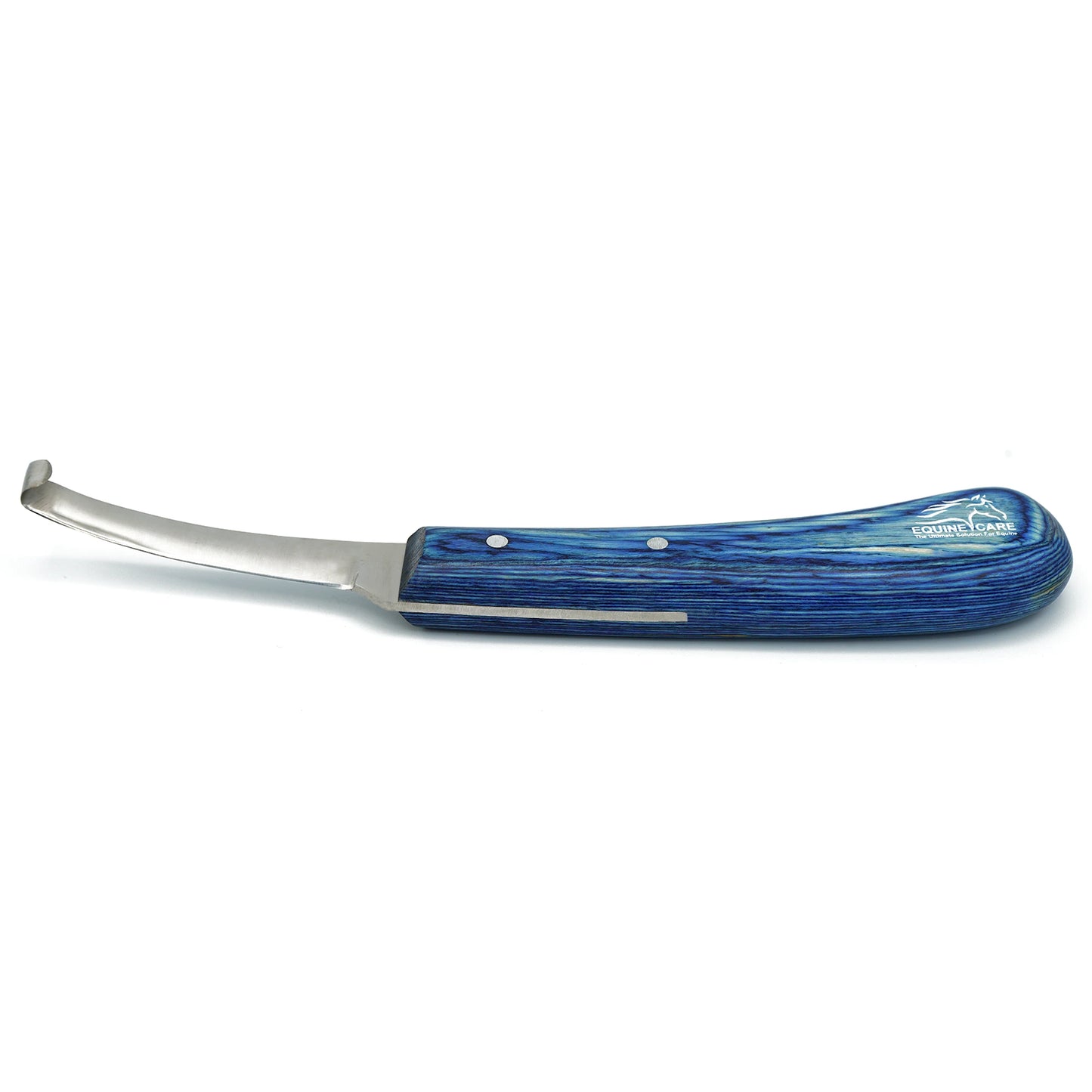 Narrow Blade Hoof Knife – J2 Steel,Angled view of Equine Care narrow blade hoof knife made from J2 steel, featuring an ergonomic contoured handle for precise farrier work Ergonomic Blue Handle
