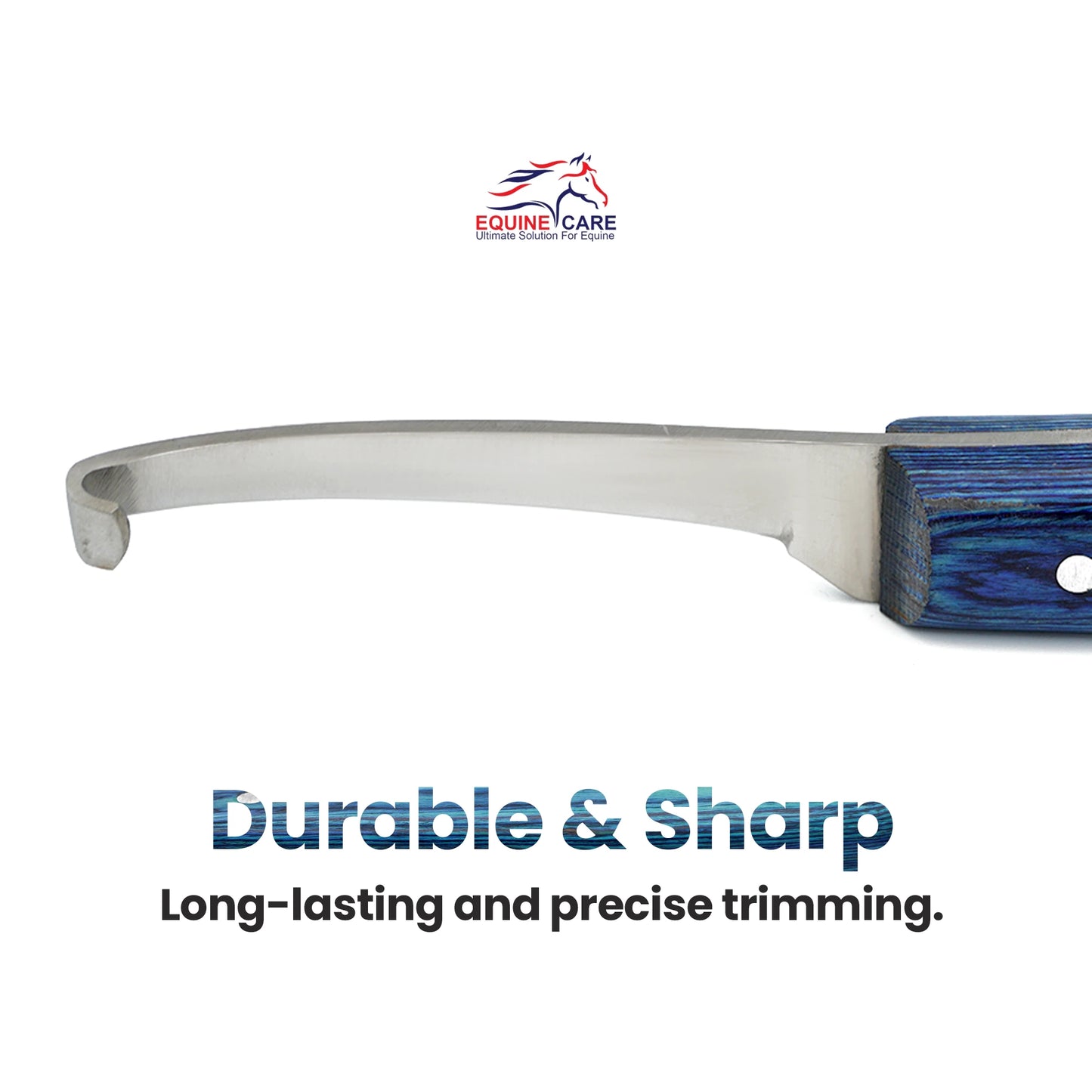 Equine Care narrow blade hoof knife highlighting razor-sharp J2 steel blade, built-in hoof pick, and brass-capped ergonomic handle for professional farrier use
