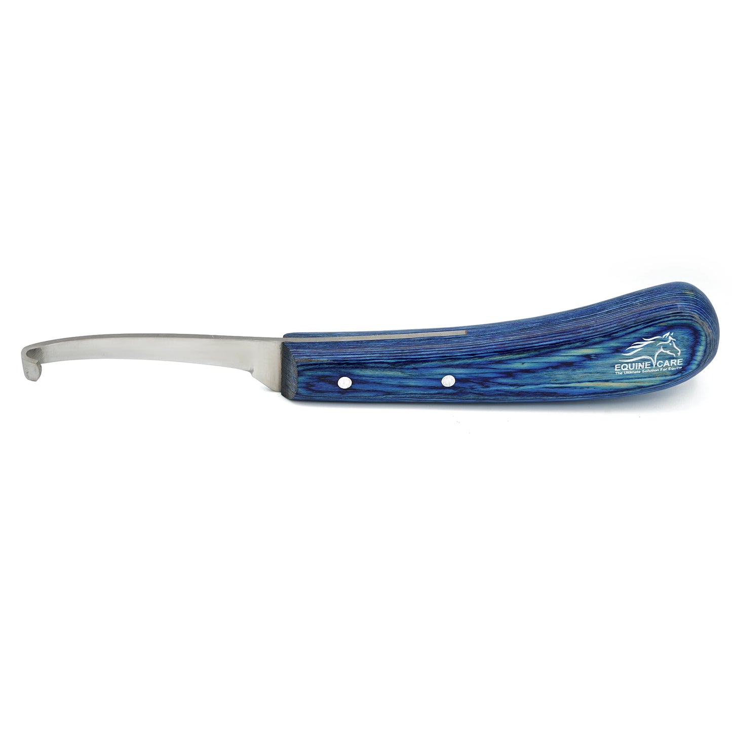 Equine Care narrow blade hoof knife showing dimensions, 23 cm length and 4 cm handle width, razor-edge J2 steel hoof trimming tool with ergonomic blue handle