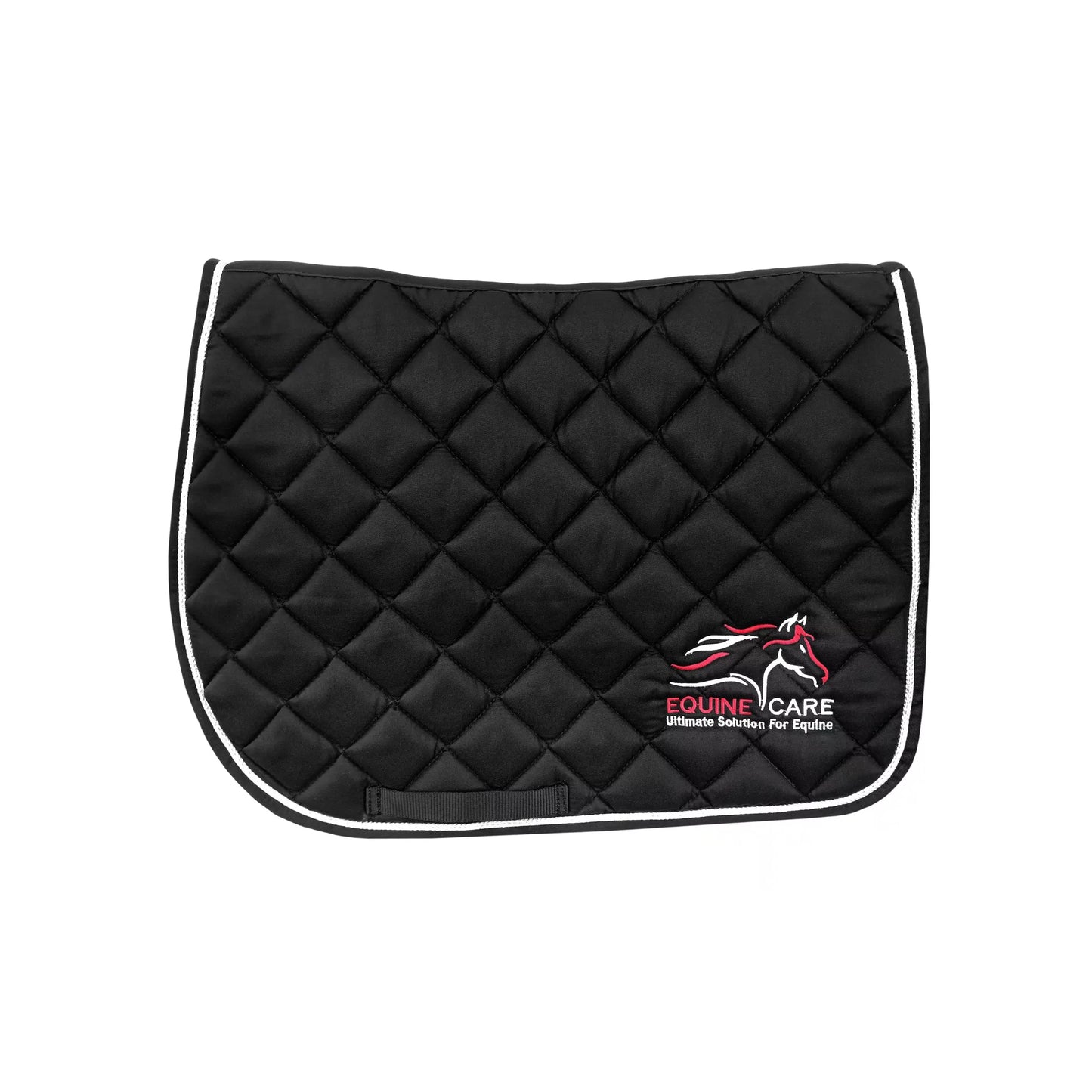 Black Equine Care quilted English saddle pad with shock-absorbing diamond stitching and logo embroidery