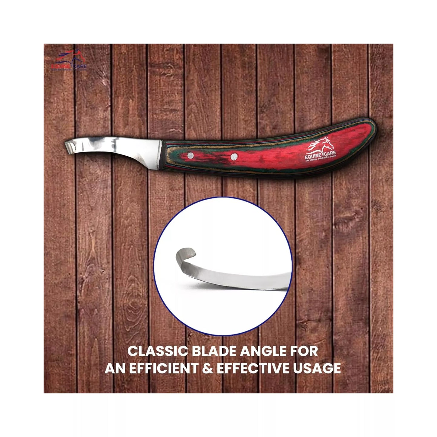Equine Care red farrier hoof trimming knife showing classic curved blade angle designed for efficient, controlled, and effective hoof trimming