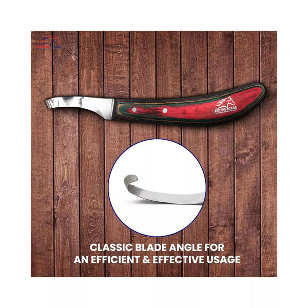 Equine Care red farrier hoof trimming knife showing classic curved blade angle designed for efficient, controlled, and effective hoof trimming