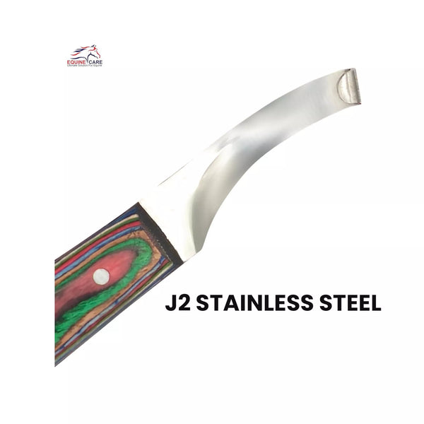 Close-up of Equine Care red farrier hoof trimming knife showing curved J2 stainless steel blade for sharp, precise, and durable hoof trimming