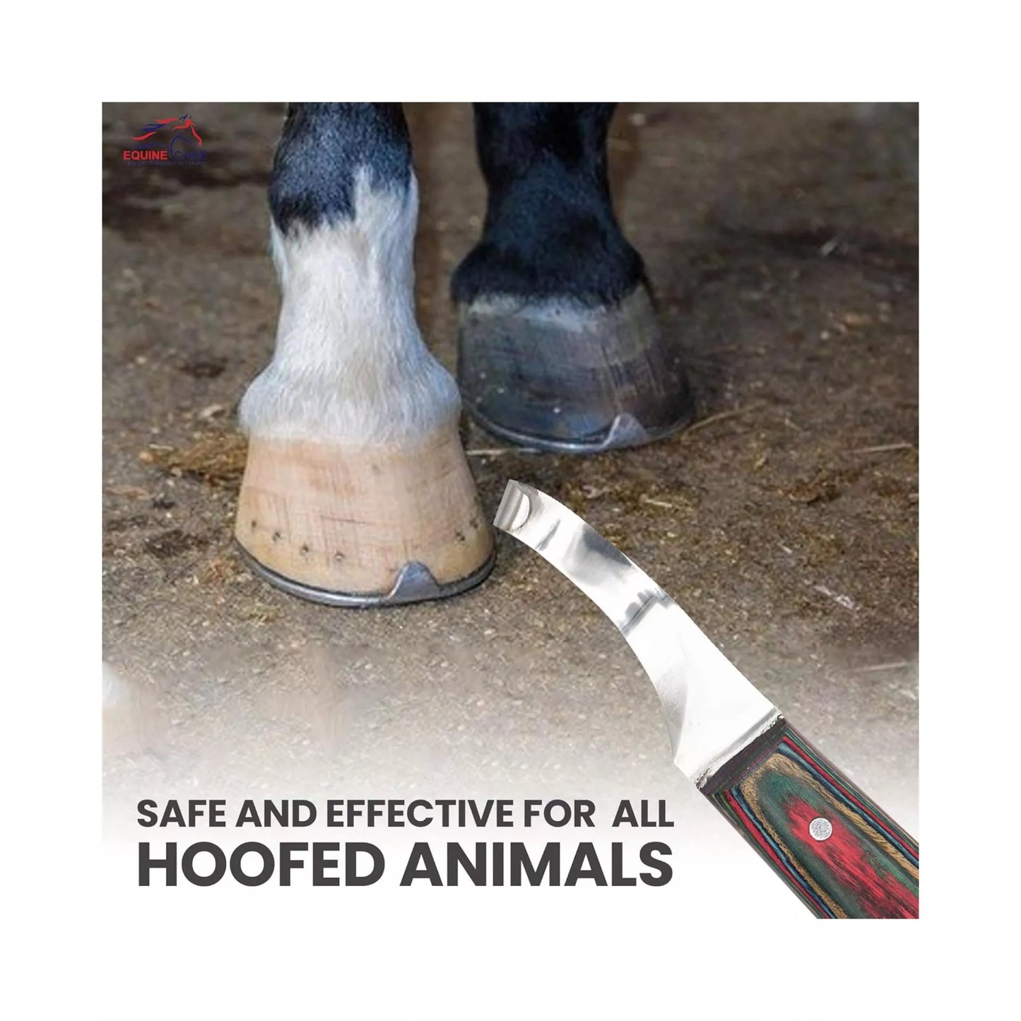 Equine Care red farrier hoof trimming knife shown near a horse’s hooves, demonstrating safe and effective hoof trimming for all hoofed animals