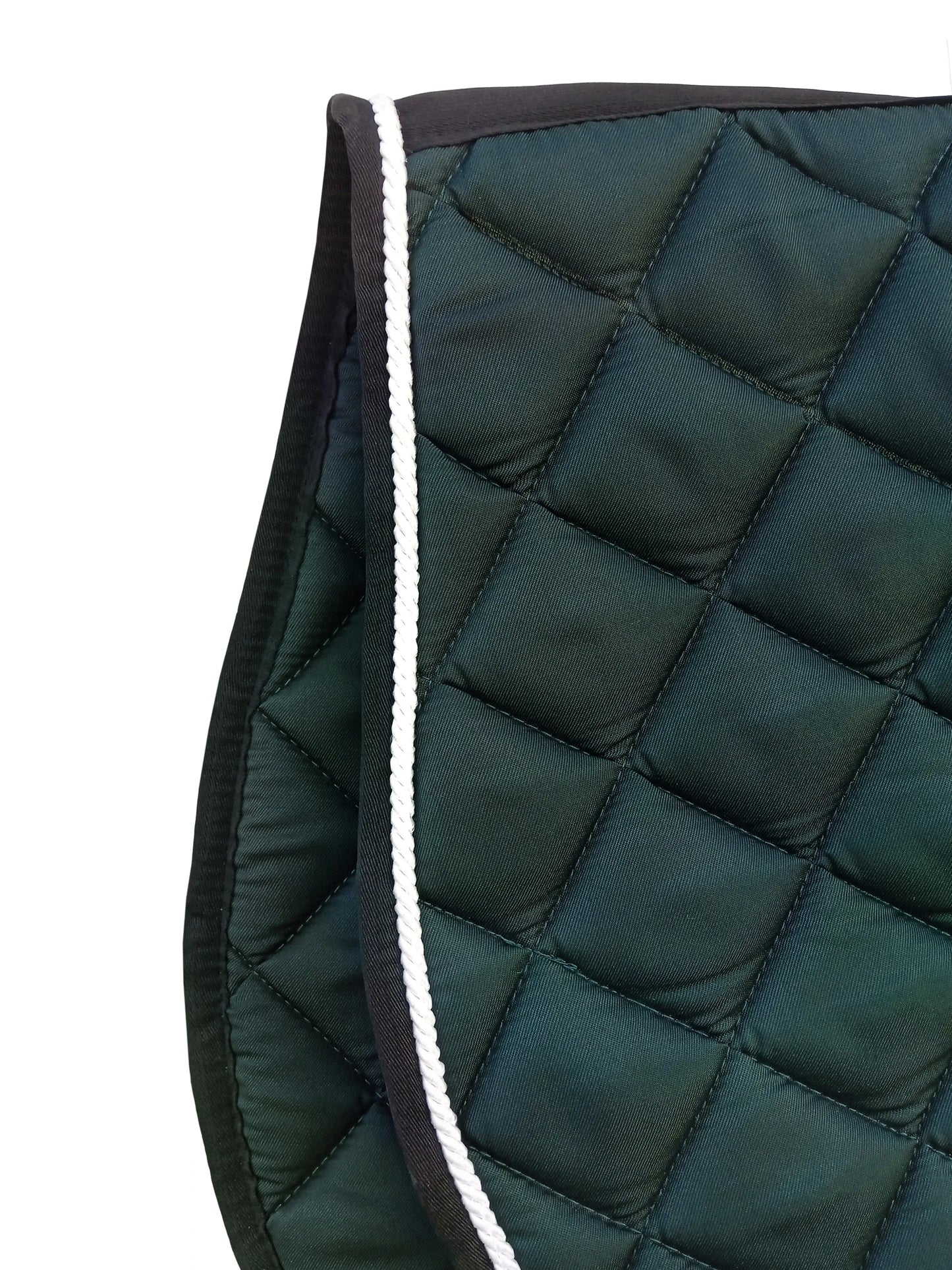 Diamond-stitched quilting and reinforced trim on bottle green Equine Care saddle pad