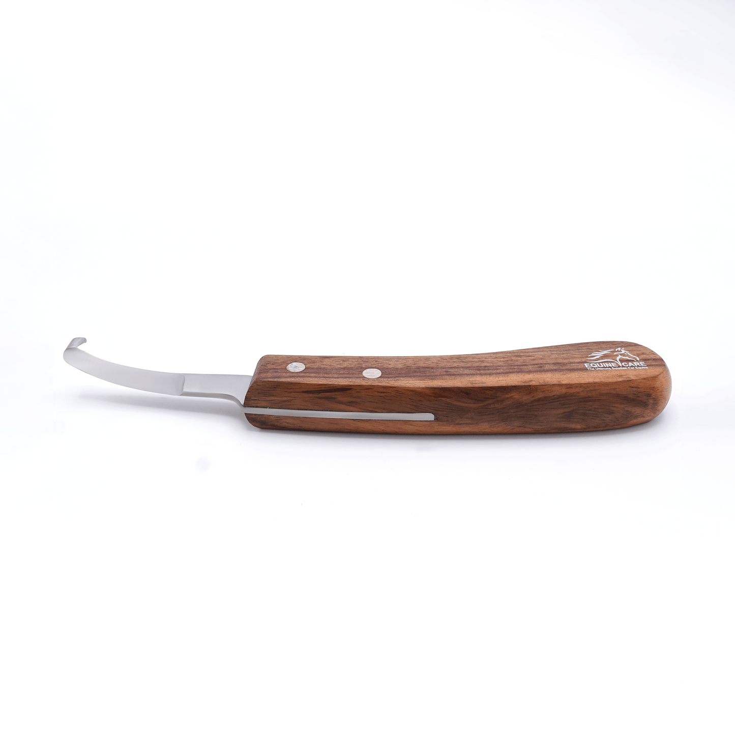 Full-length view of Equine Care short blade farrier hoof knife featuring a J2 stainless steel blade and ergonomic wooden handle for precise professional hoof trimming