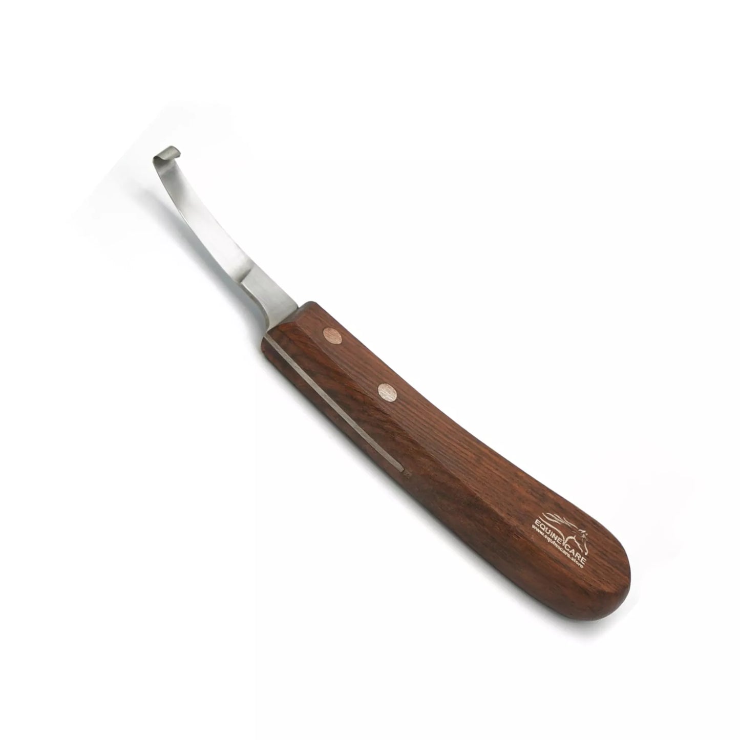 Equine Care short blade farrier hoof knife made from J2 stainless steel with a full-tang design and ergonomic wooden handle, right- and left-hand models for precise hoof trimming