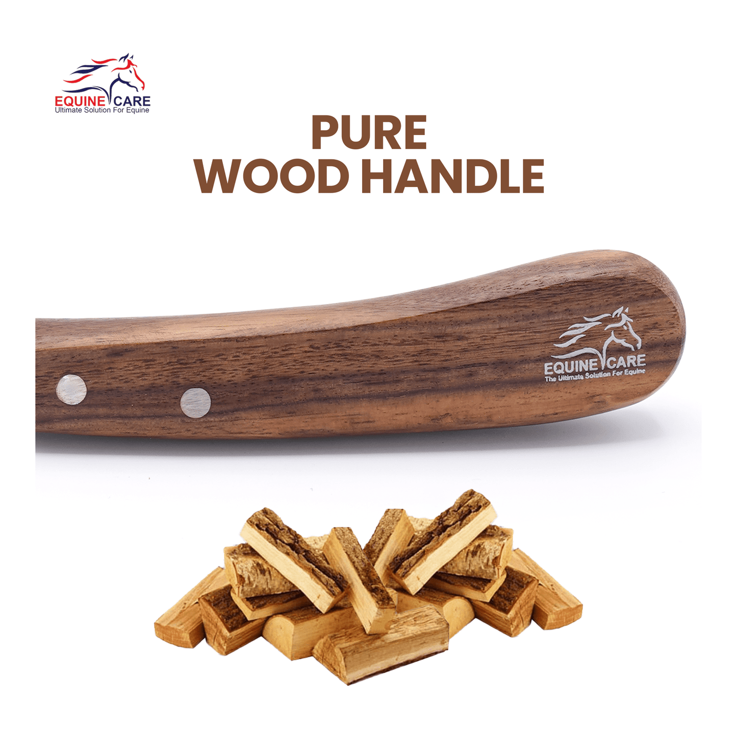 Close-up of Equine Care short blade farrier hoof knife highlighting pure wooden handle design for a comfortable, durable grip during hoof trimming