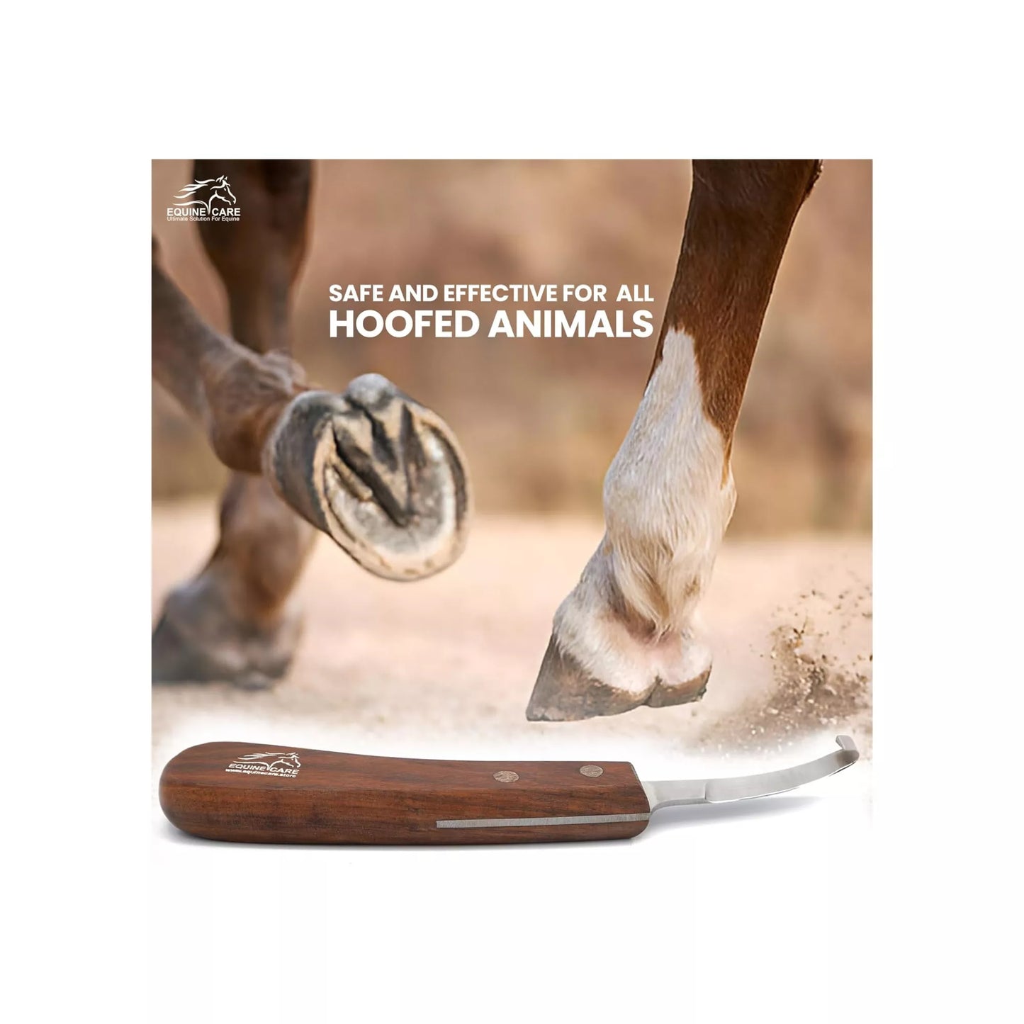 Equine Care short blade farrier hoof knife with wooden handle shown near a horse’s hooves, demonstrating safe and effective hoof trimming for all hoofed animals
