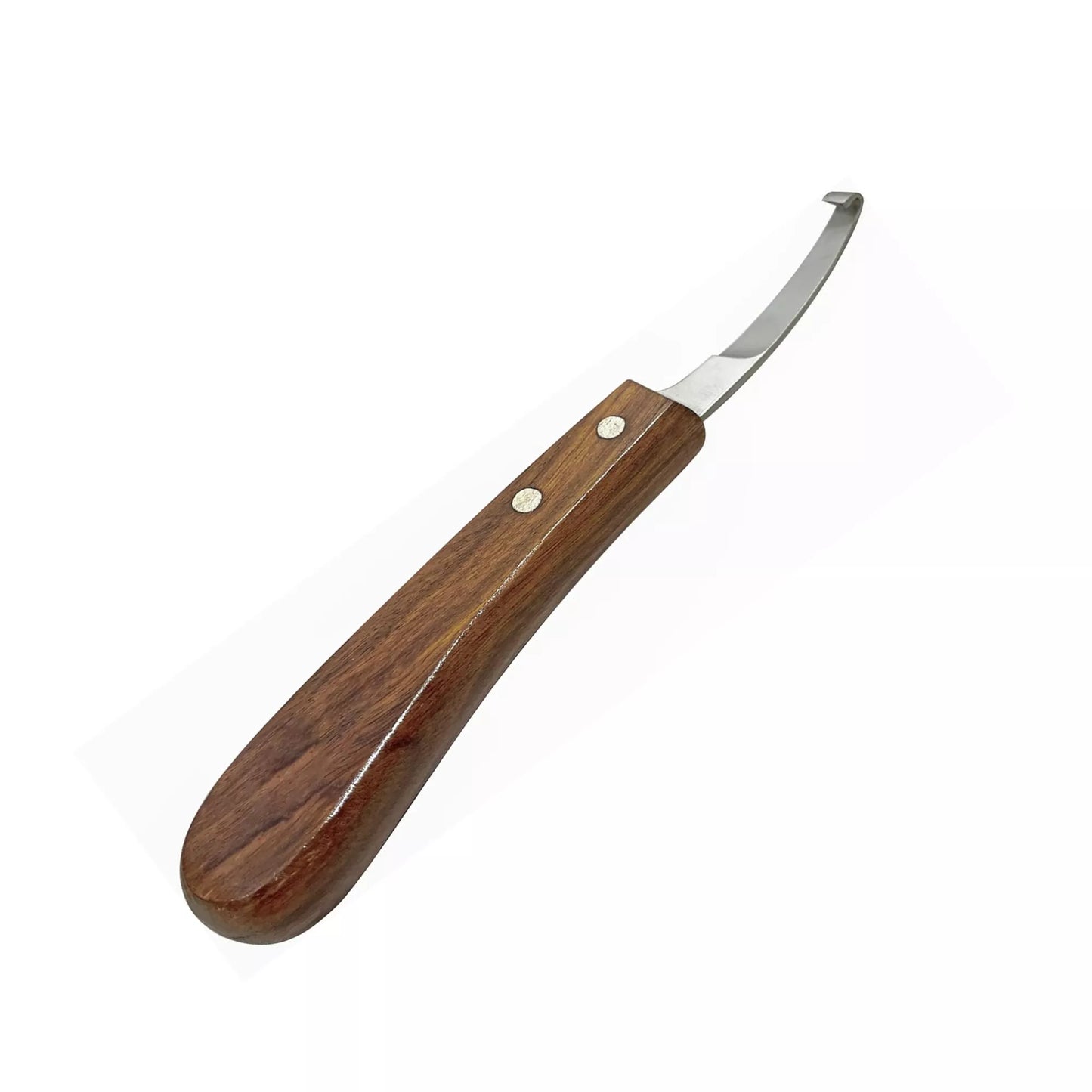 Equine Care short blade farrier hoof knife featuring a J2 stainless steel full-tang blade and ergonomic wooden handle for precise professional hoof trimming