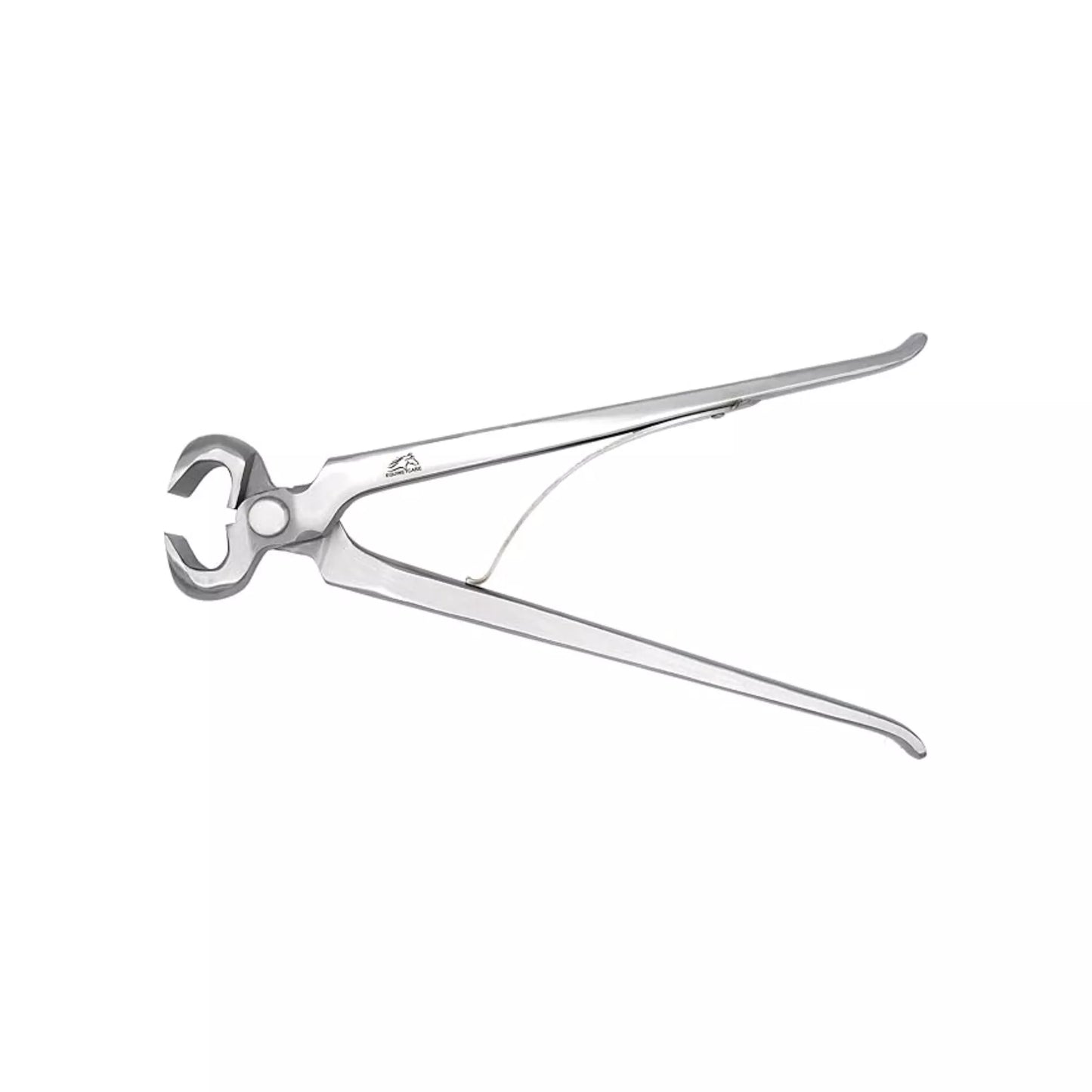 Equine Care spring-loaded hoof nippers shown in open position, full-length stainless steel farrier tool designed for precise and controlled horse hoof trimming
