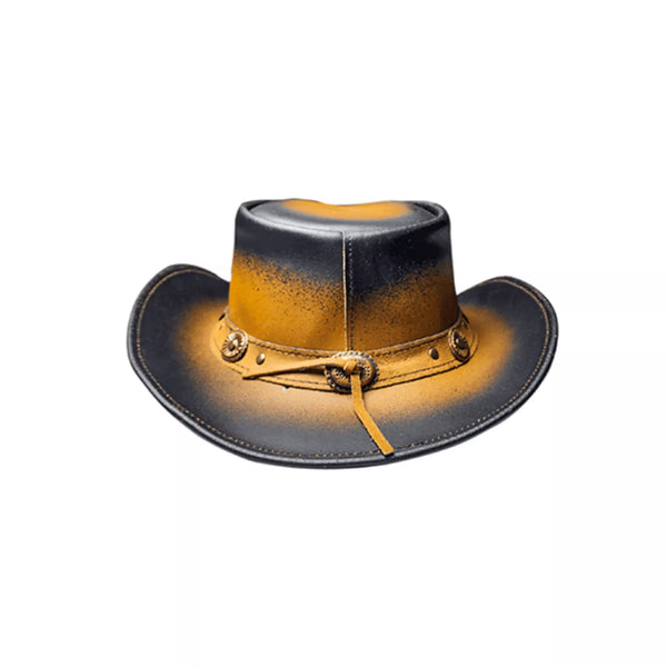 Back view of Equine Care two-tone leather cowboy hat showing adjustable chin strap and durable split cowhide construction