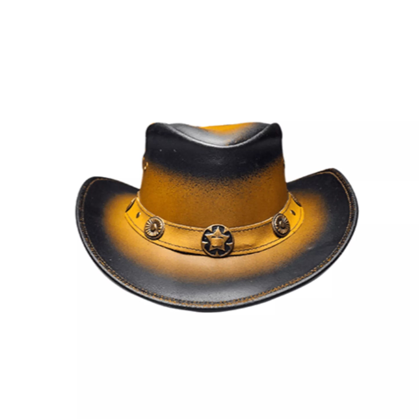 Front view of Equine Care two-tone leather cowboy hat featuring ombre brown black leather and sheriff star concho band