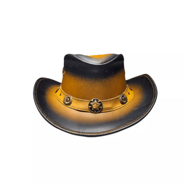 Front view of Equine Care two-tone leather cowboy hat featuring ombre brown black leather and sheriff star concho band