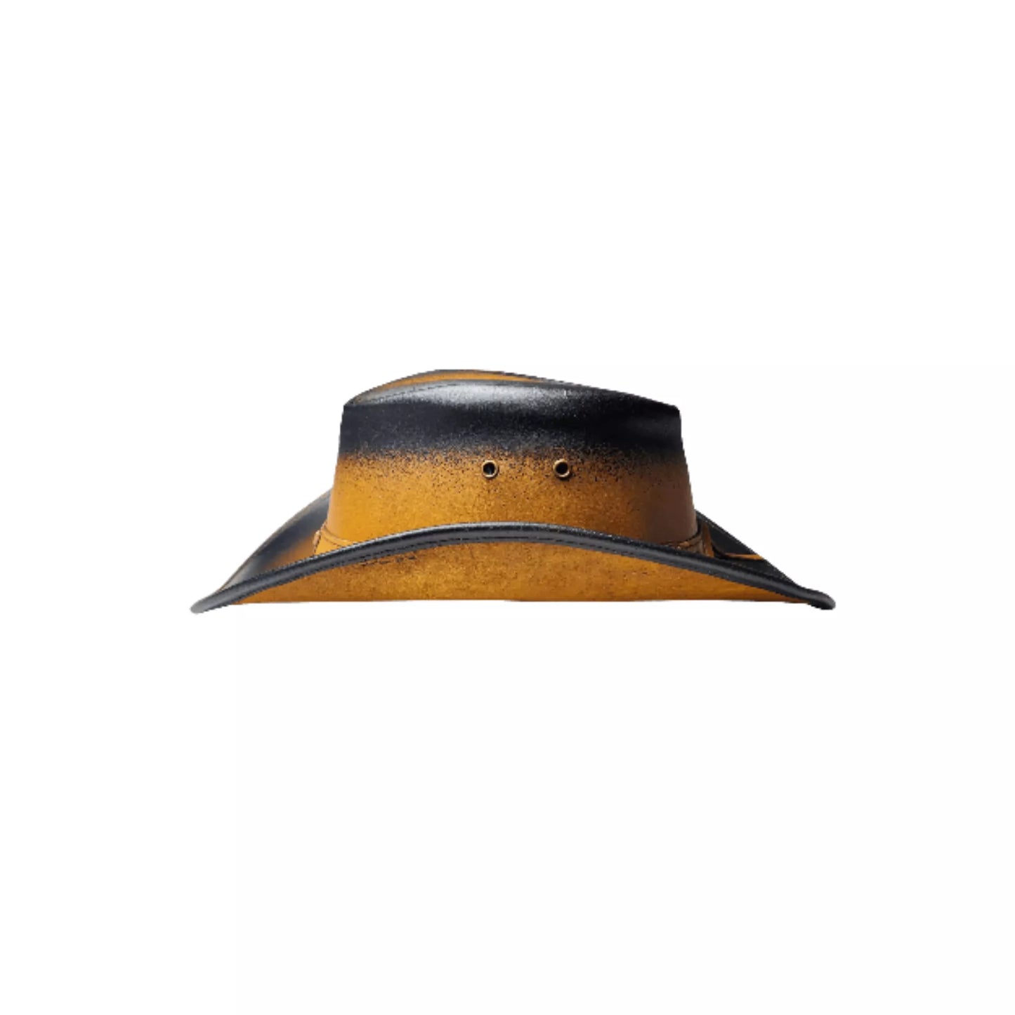 Side profile of Equine Care two-tone leather cowboy hat showing wire reinforced shapeable brim and ombre leather finish