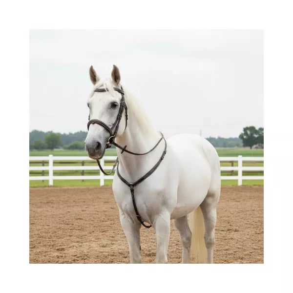 White horse standing in arena wearing Equine Care premium handcrafted English leather bridle with reins