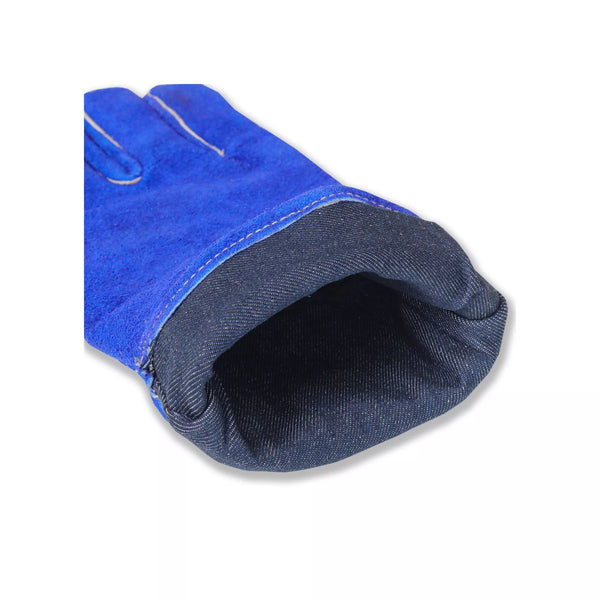 Close-up of extended cuff on cowhide leather gloves providing wrist and forearm protection