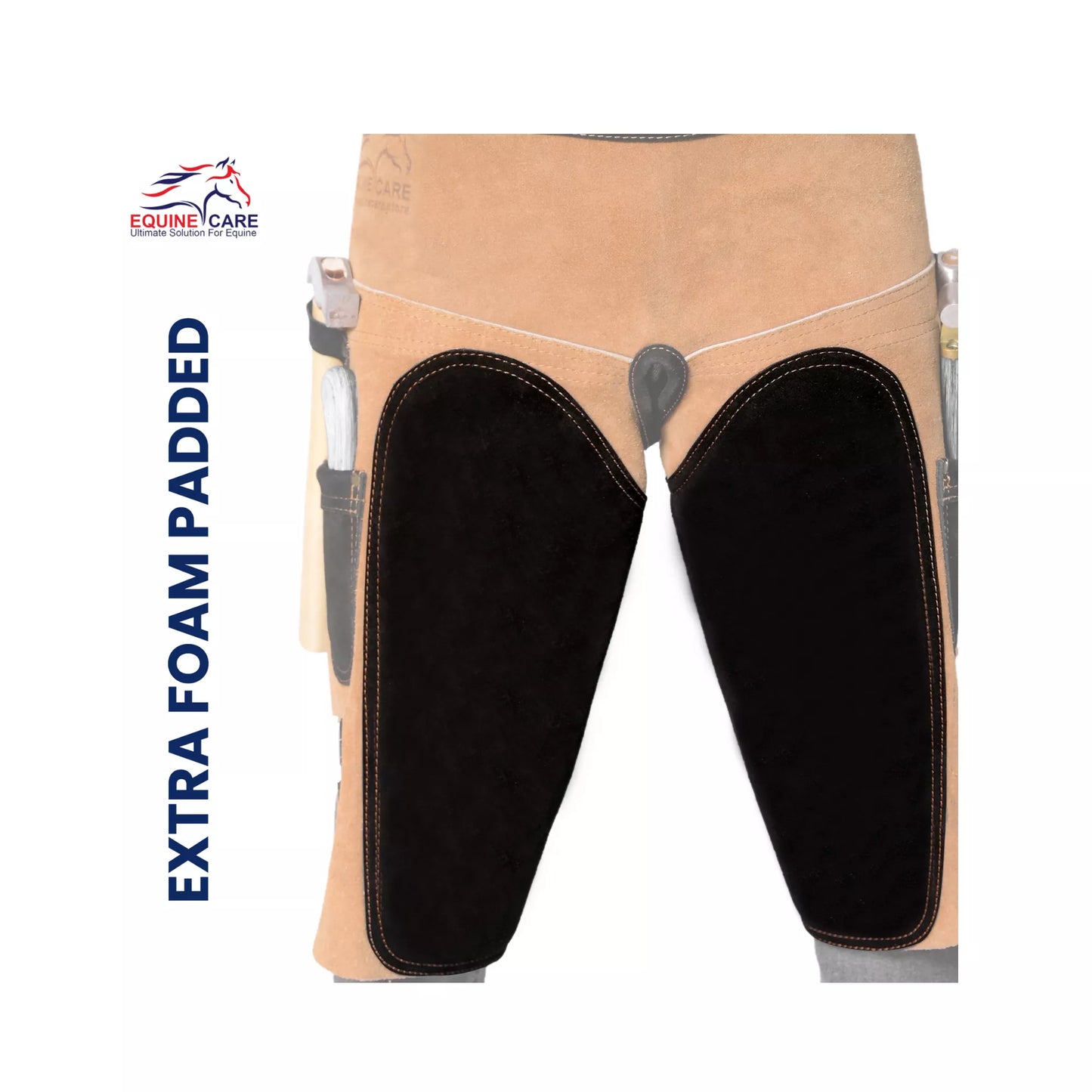 Front close-up of 25-inch Premium Elite Farrier Apron highlighting extra foam padded black thigh panels for enhanced comfort and protection during professional horse shoeing work