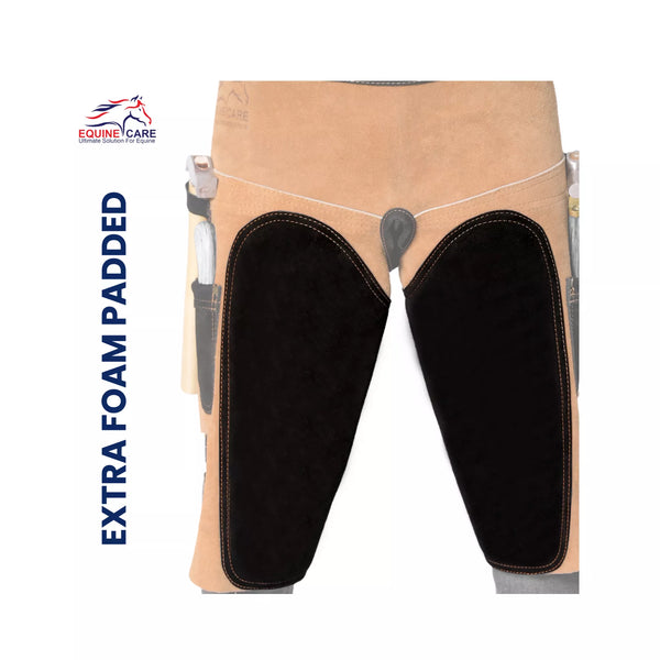 Front close-up of 25-inch Premium Elite Farrier Apron highlighting extra foam padded black thigh panels for enhanced comfort and protection during professional horse shoeing work