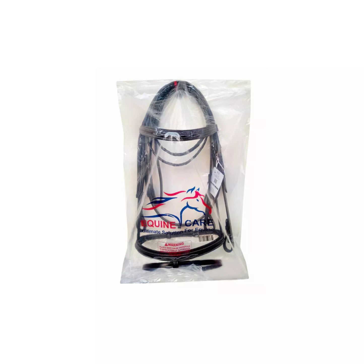Equine Care English leather horse bridle with reins packaged securely for storage and transport