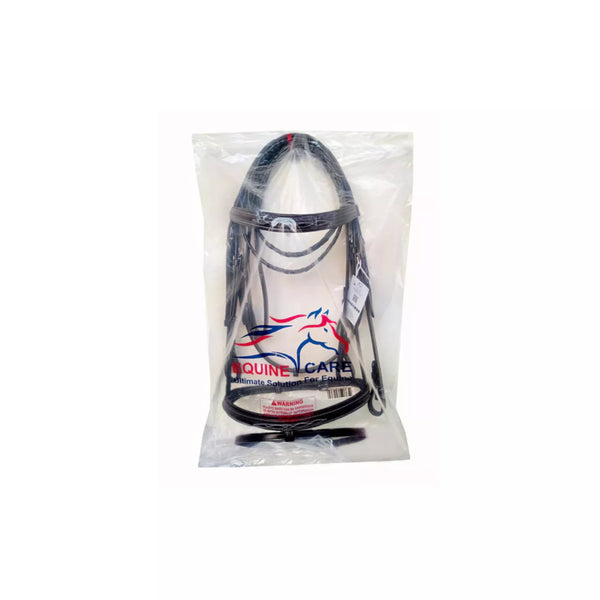 Equine Care English leather horse bridle with reins packaged securely for storage and transport