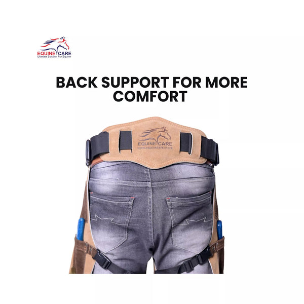 Equine Care 23-29 Inch Beige leather Rear view of brown leather farrier chaps showing wide adjustable back support panel and secure waist straps, designed to improve comfort during long horse shoeing sessions