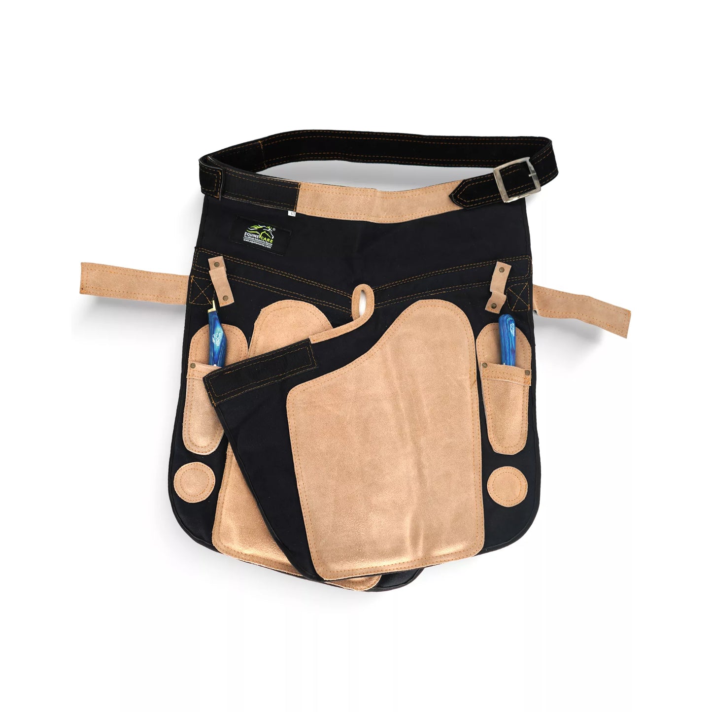 Front view of Femme Farrier Apron 25-inch featuring beige suede thigh protection, black durable body, adjustable waist belt, tool pockets, hammer loops, and built-in magnets for professional farrier work
