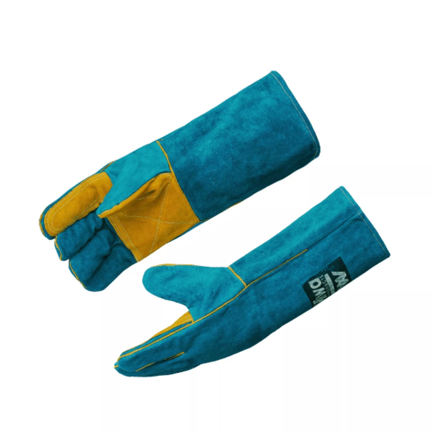 Heavy duty split cowhide welding gloves with extended heat resistant cuff shown from side angle